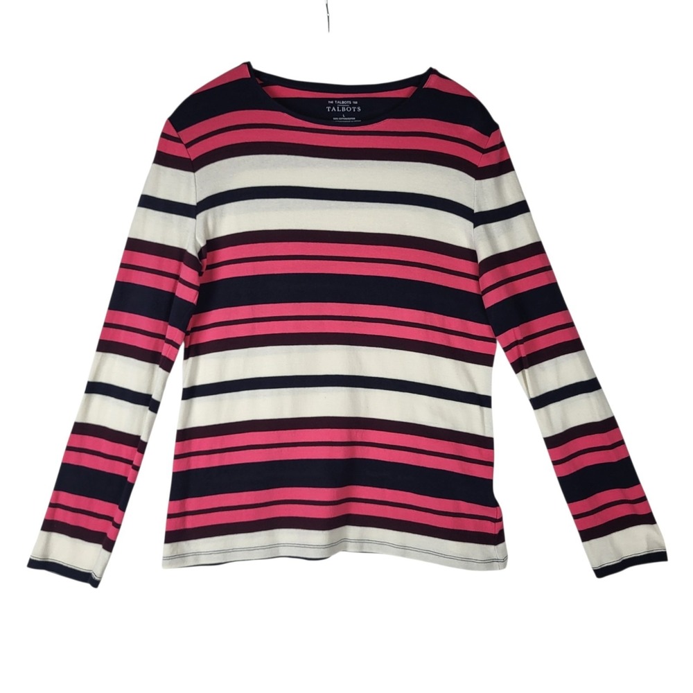 Talbots The Talbots Tee Shirt Women's Large Pink Black Striped Long Sleeve